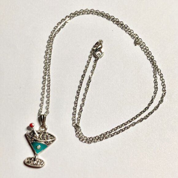 Martini Cocktail Drink Cup Glass Charm Necklace Pendant Aqua Enamel 18" Chain - Picture 5 of 9
